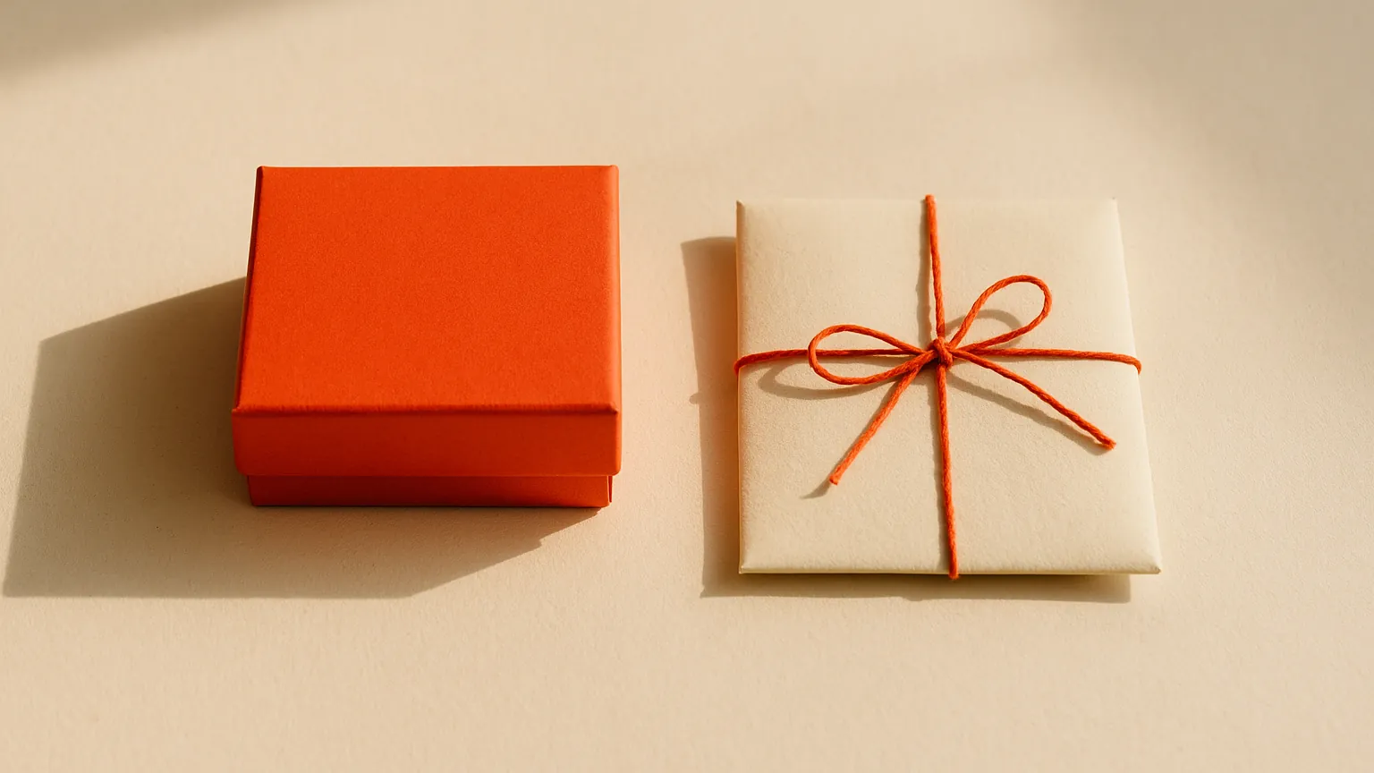 A red-orange box beside a cream parcel tied with red-orange string