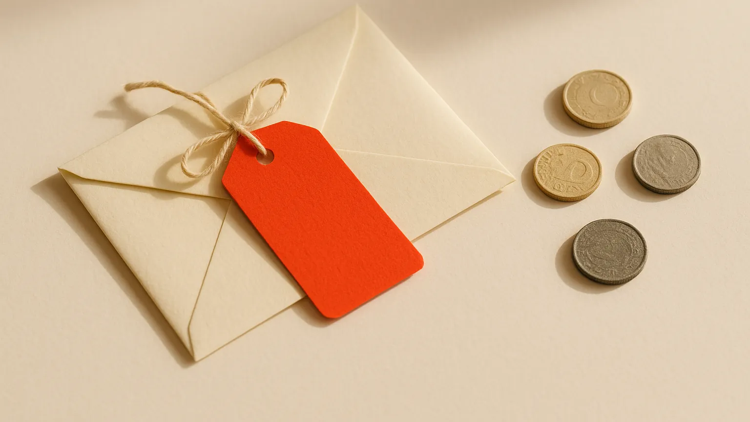 A cream envelope with a red-orange paper price tag tied on with string and a few sand-toned coins