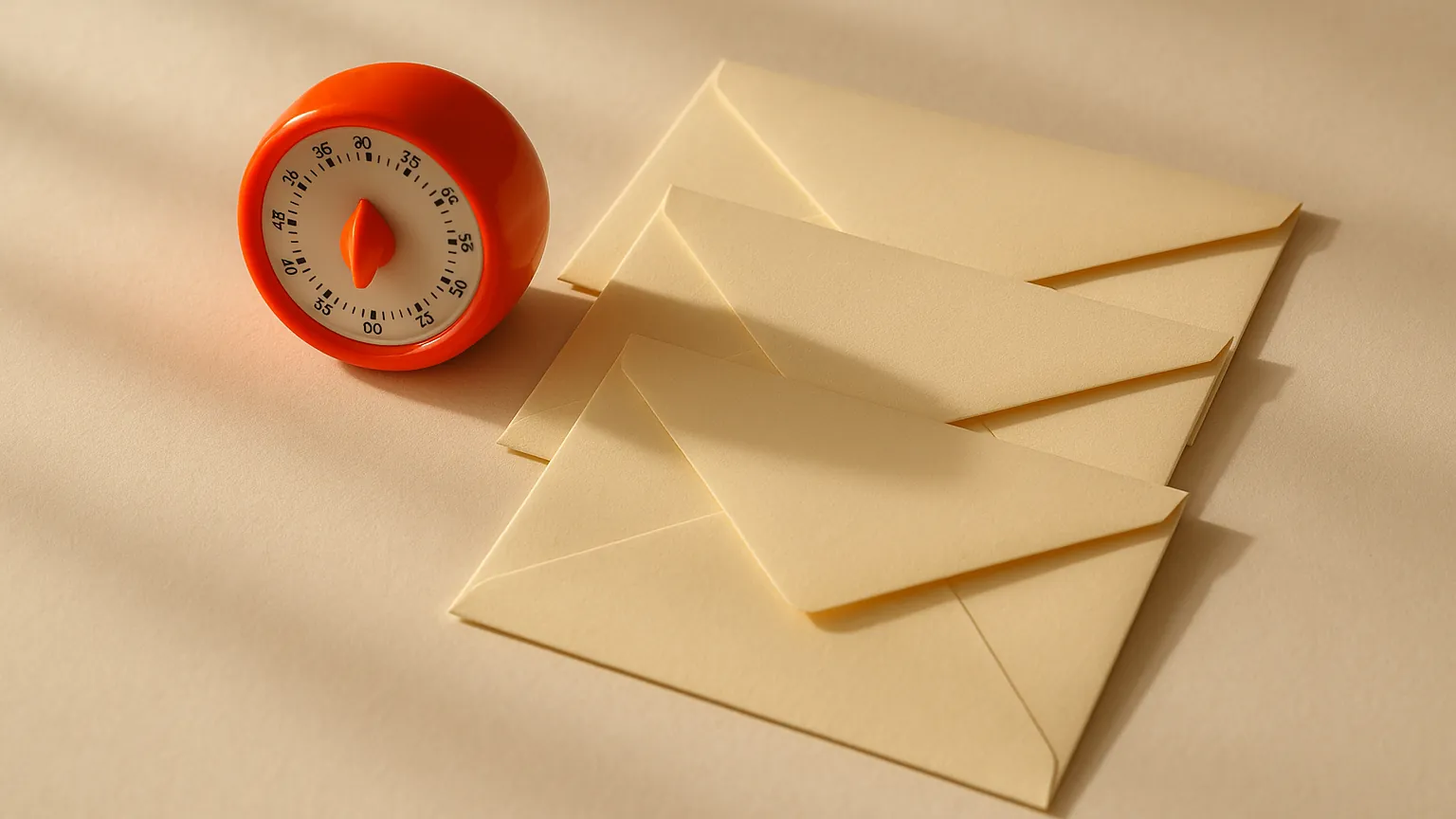 Three cream envelopes in a stepped sequence with a red-orange kitchen timer beside the first one