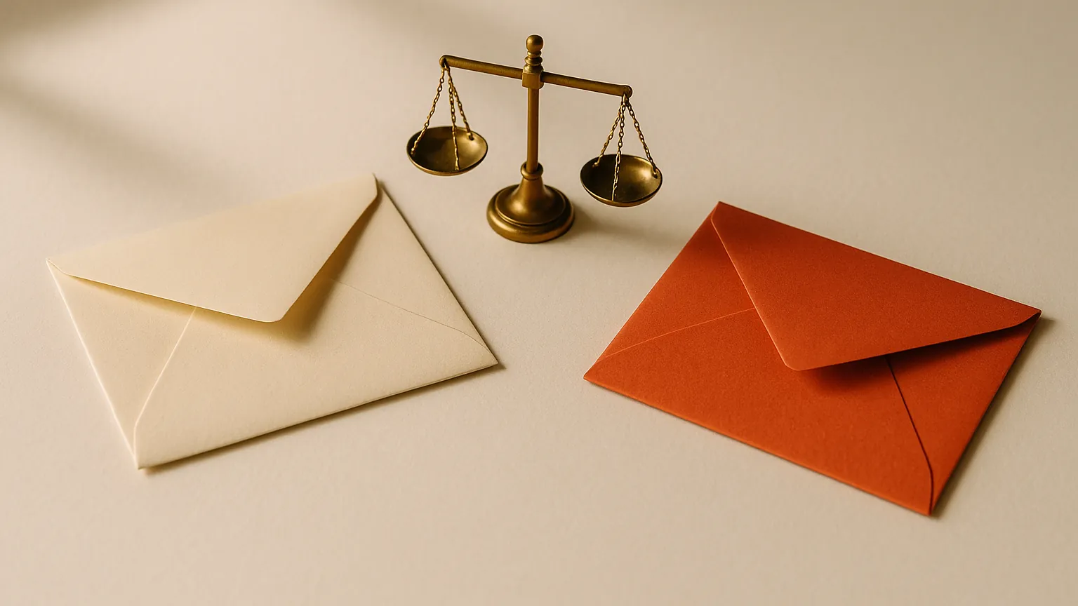 A cream envelope and a red-orange envelope side by side with a small brass balance scale between them
