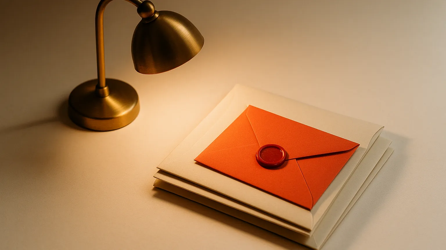 A brass desk lamp lighting a red-orange envelope with a wax seal on a stack of paper