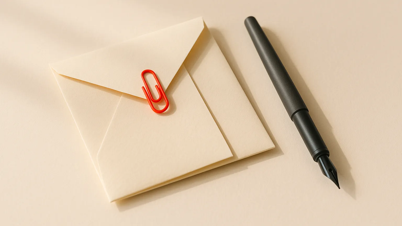 A cream envelope held with a red paper clip beside a fountain pen